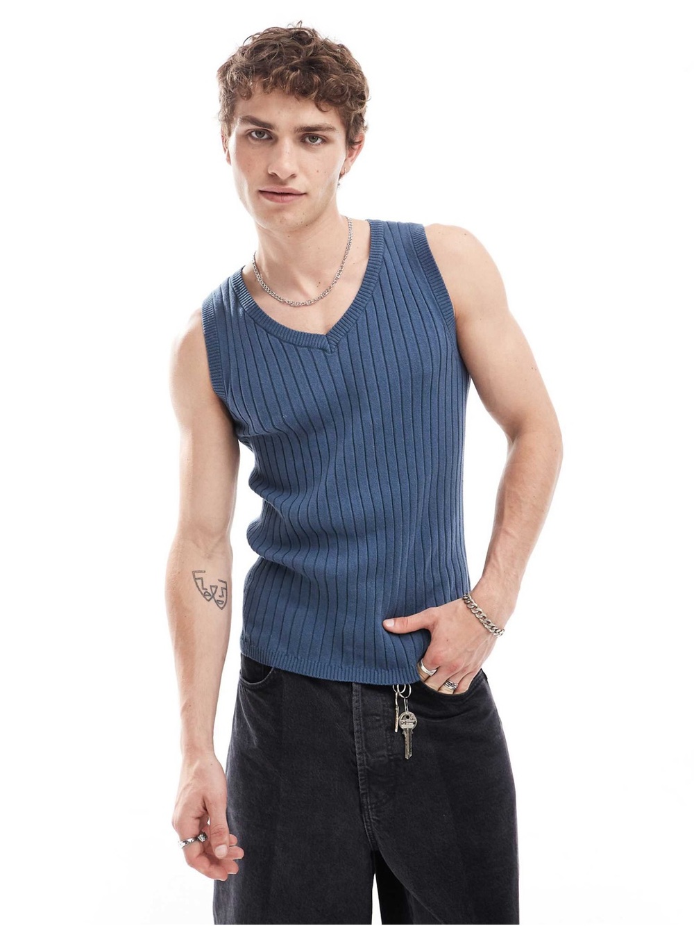 ASOS Ribbed V-Neck Tank Top - Blue - Picture 2 of 2